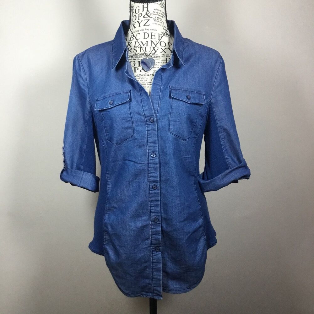 Cotton blend denim button down blue shirt round hem stretchy sides roll sleeve M